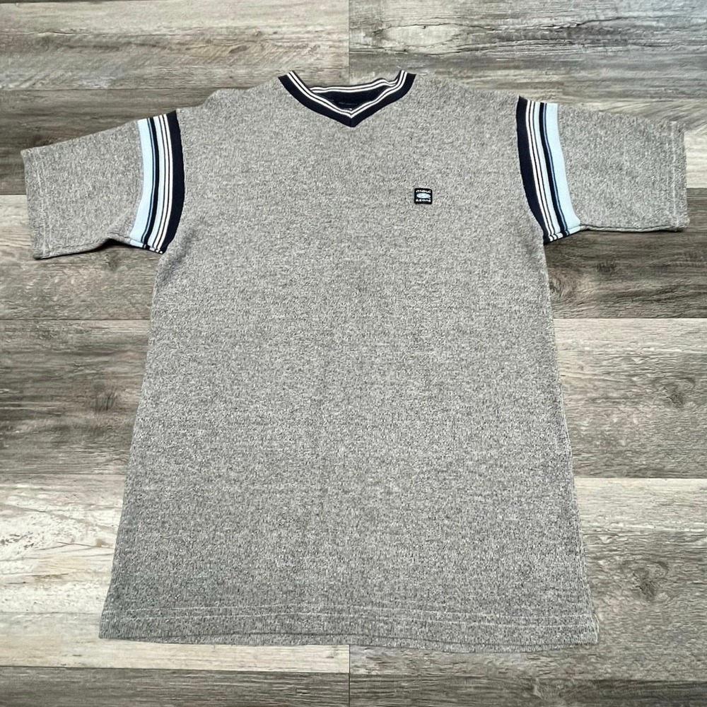 Vintage 90s Maui‎ and Sons Gray Blue Striped Mens Medium Surf Heavy Knit T-Shirt